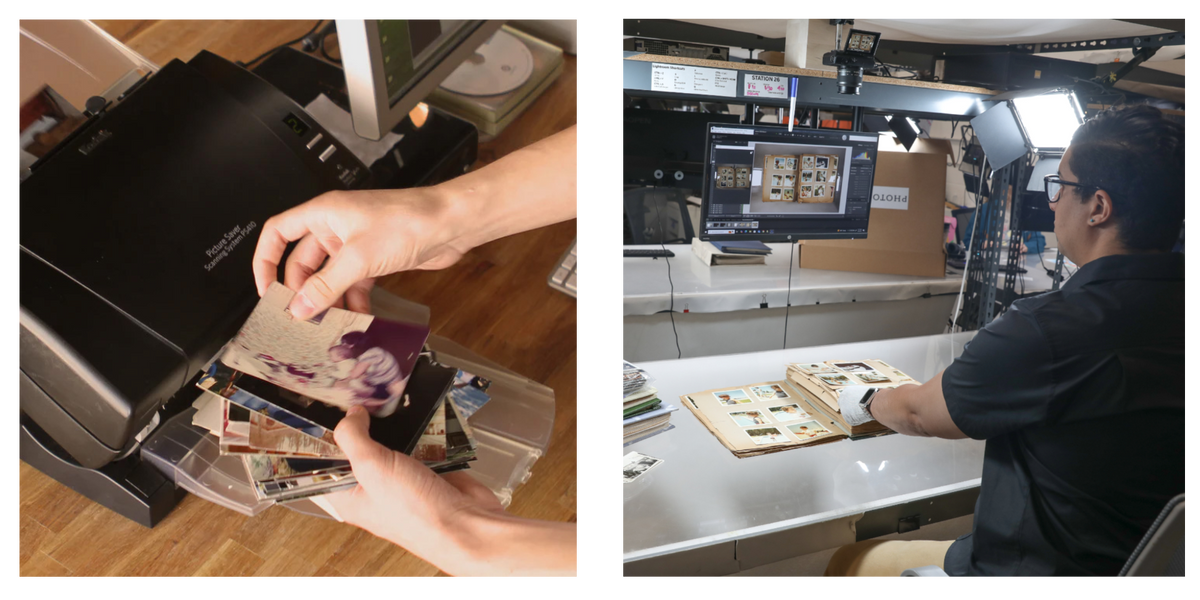 Side-by-side: a home flatbed scanner feeding loose photos next to a Photokive photographer digitizing an open album on a camera rig