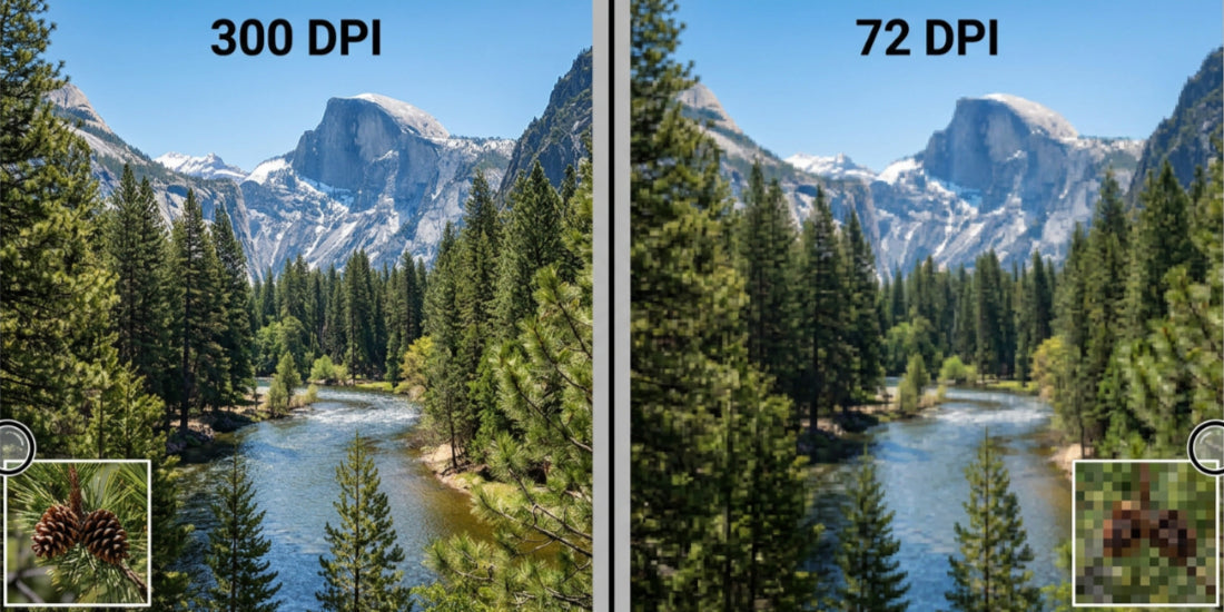 300 DPI vs. 72 DPI photo scanning resolution comparison, zoomed detail shows sharp detail at 300 DPI versus pixelation at 72 DPI