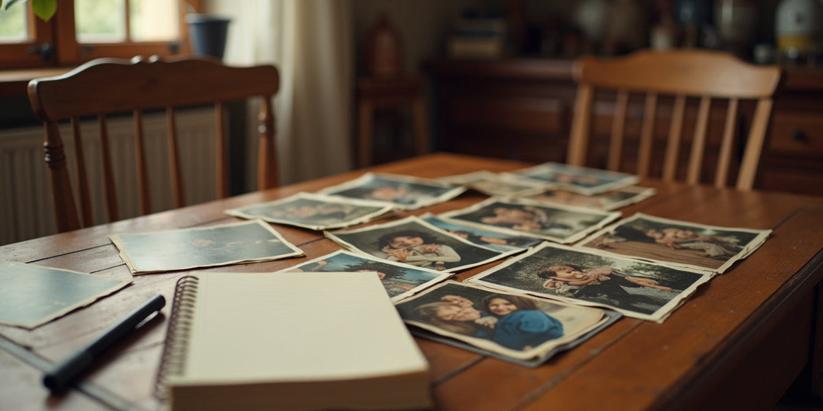 Vintage family photo prints scattered across a wooden table next to a blank notebook and pen, ready for writing down family stories.