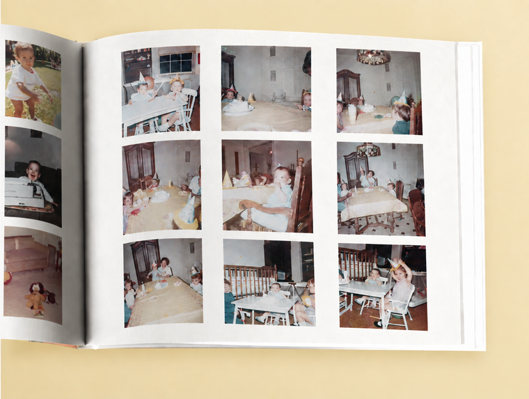 An open book showing a full-page photo on a matte page