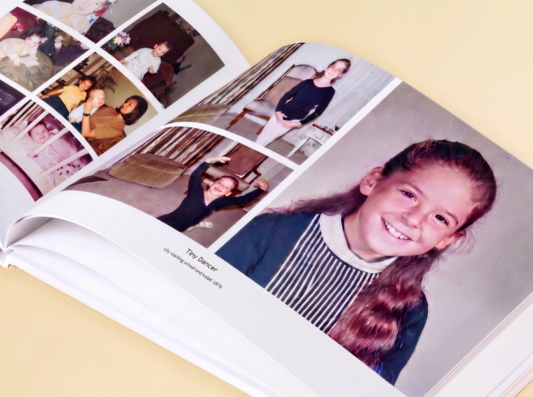 An open book page with a printed caption beneath the photo