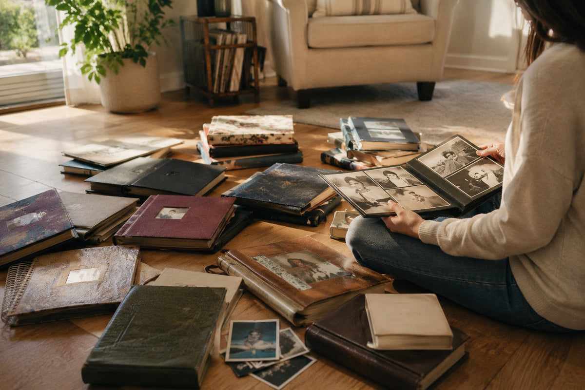 A woman sitting on the floor looking through a lifetime of vintage photo albums in warm daylight