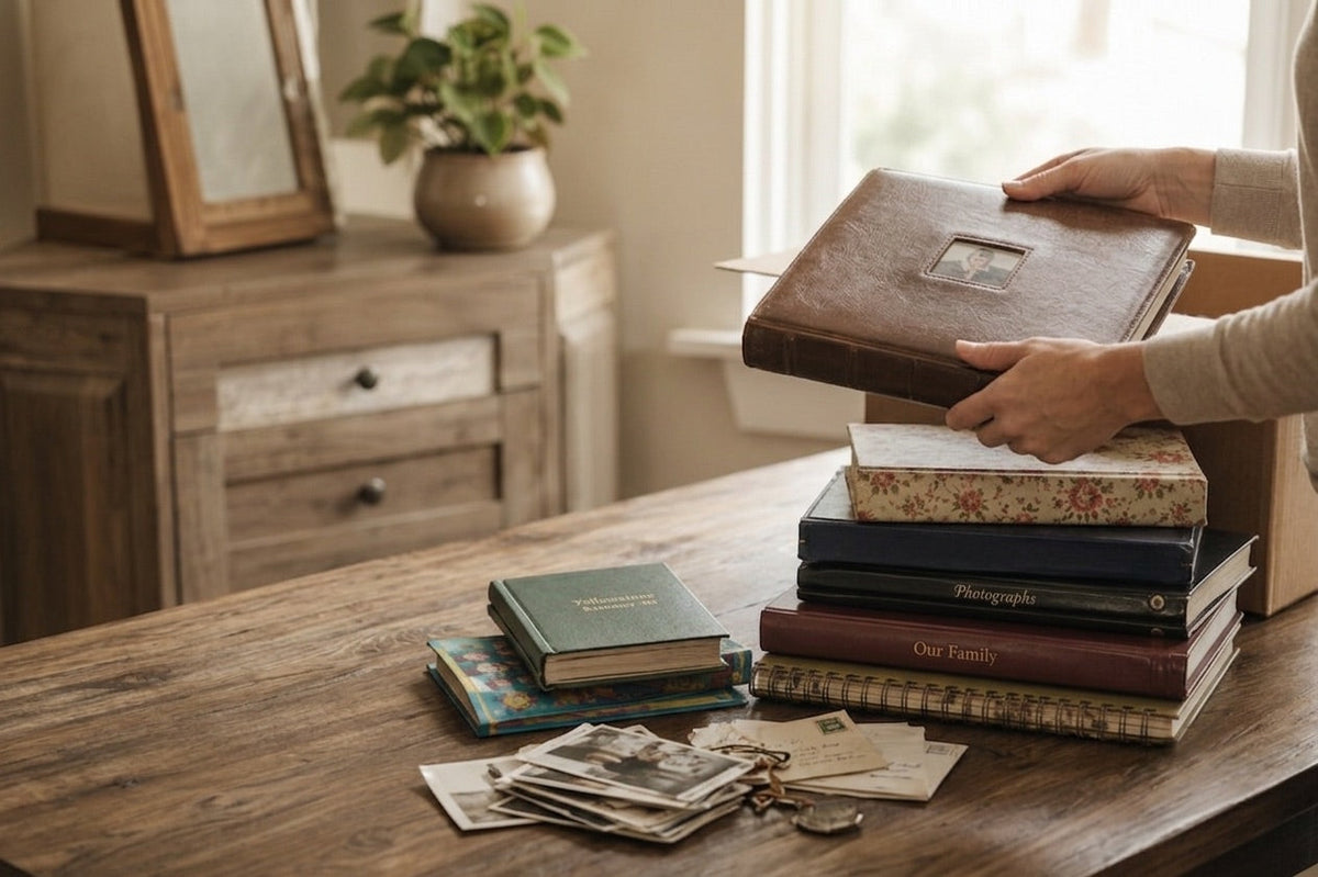 Hands lifting a leather family album from a stack of vintage albums and loose photos on a wooden table